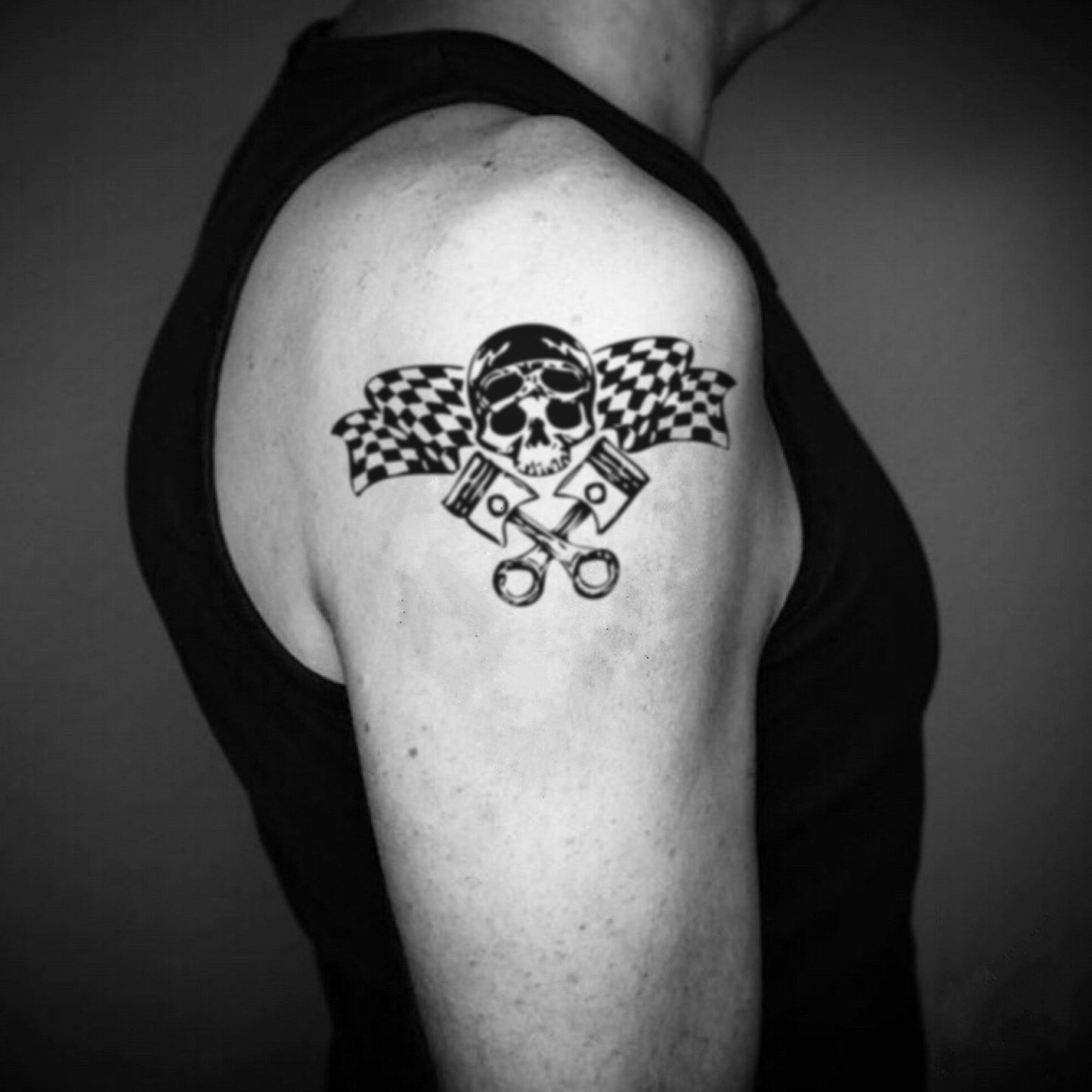 fake big outlaw biker skull old skool motorcycle club patch vintage temporary tattoo sticker design idea on upper arm