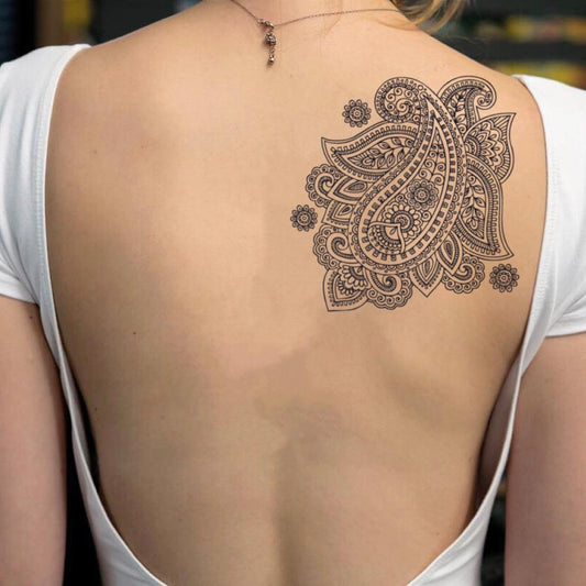 fake big paisley bohemian temporary tattoo sticker design idea on back