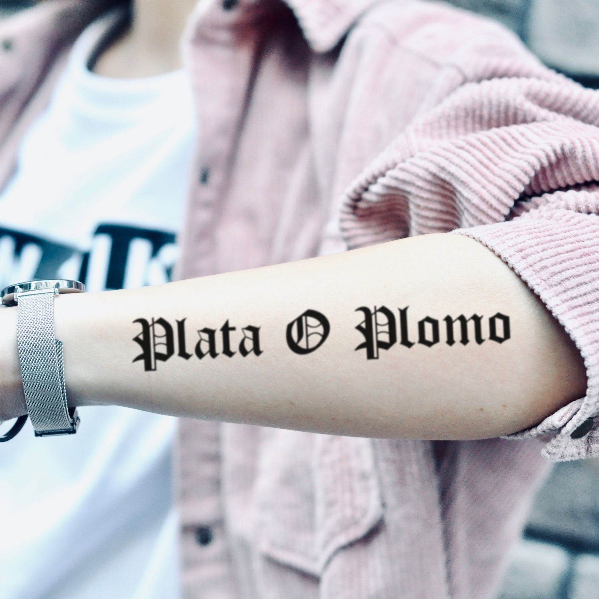 fake big plata o plomo lettering temporary tattoo sticker design idea on forearm