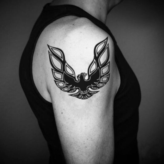 fake big pontiac car firebird phoenix illustrative temporary tattoo sticker design idea on upper arm