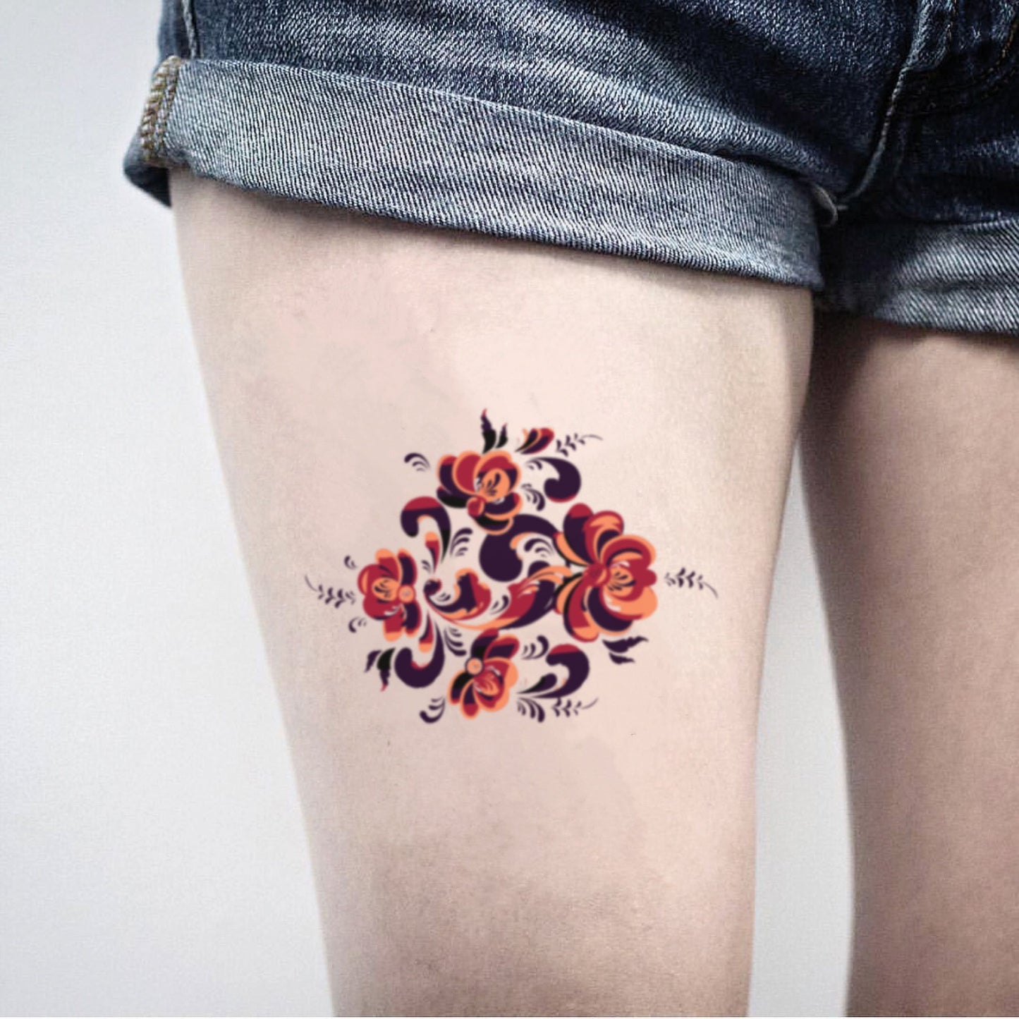 fake big rosemaling color temporary tattoo sticker design idea on thigh