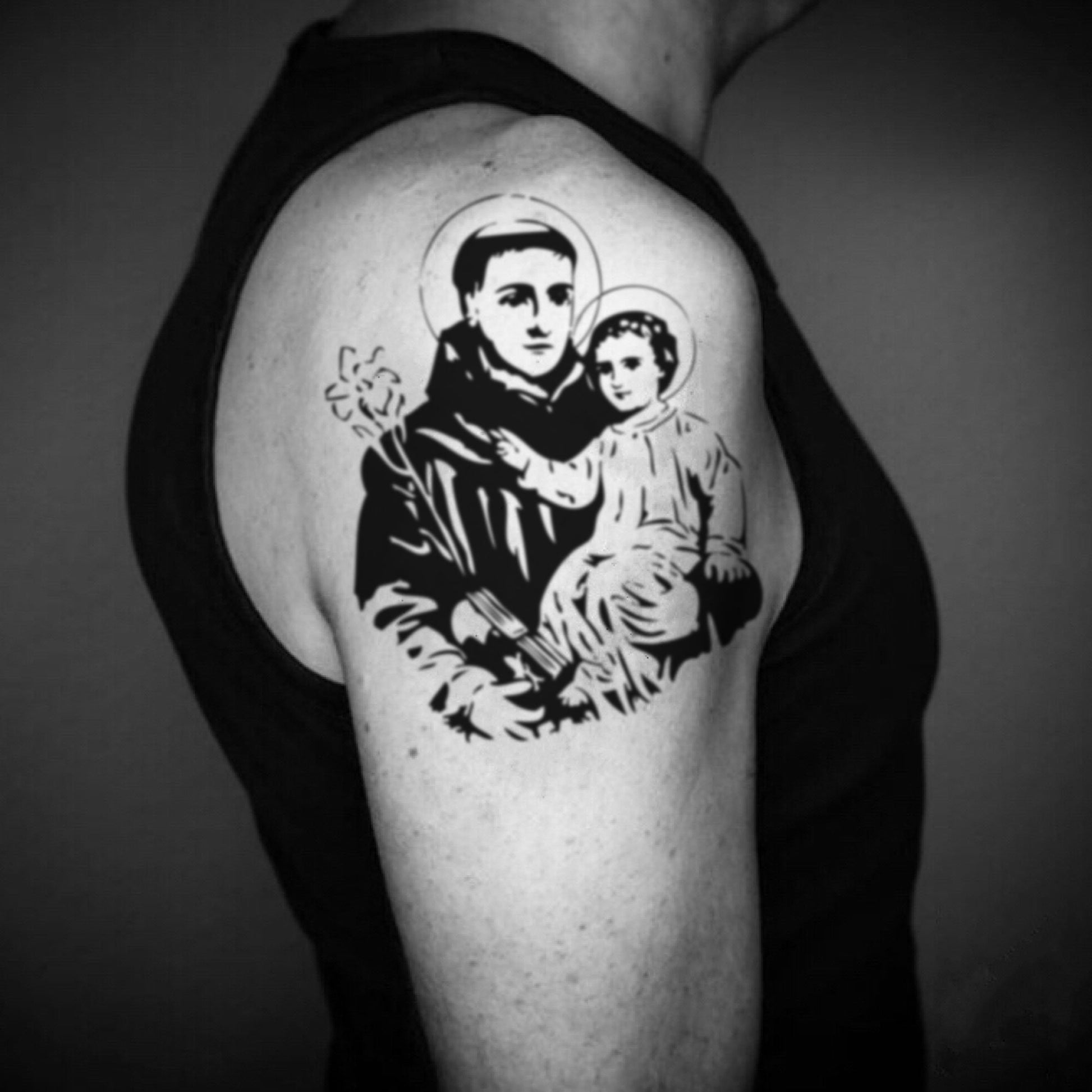 fake big saint anthony st francis illustrative temporary tattoo sticker design idea on upper arm