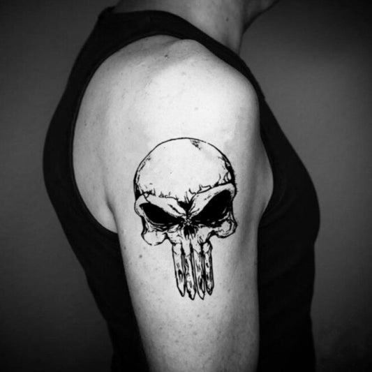 fake big the punisher illustrative temporary tattoo sticker design idea on upper arm