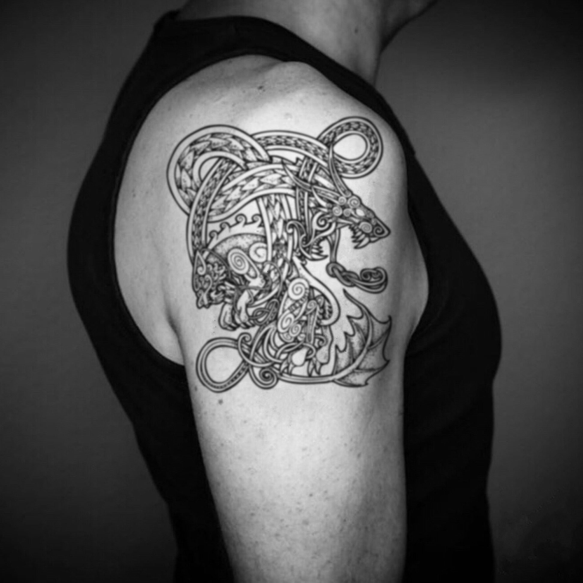 fake big tyr & fenrir norse mythology viking celtic armor wolf hand tribal temporary tattoo sticker design idea on upper arm