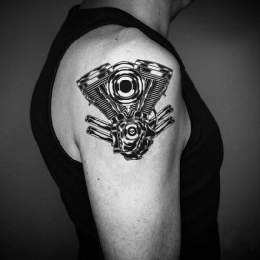 fake big v twin V2 motorcycle cylinder piston engine skull illustrative temporary tattoo sticker design idea on upper arm