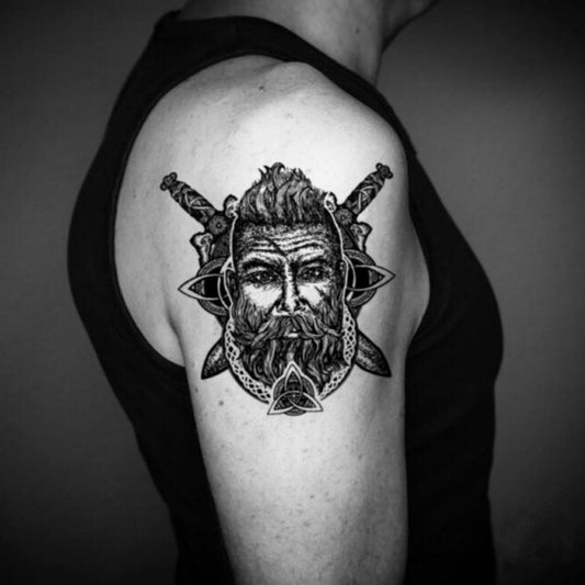 fake big danish viking head zeus statue barbarian dionysus hades king neptune moses portrait hephaestus hercules odysseus plato roman god empire socrates temporary tattoo sticker design idea on upper arm