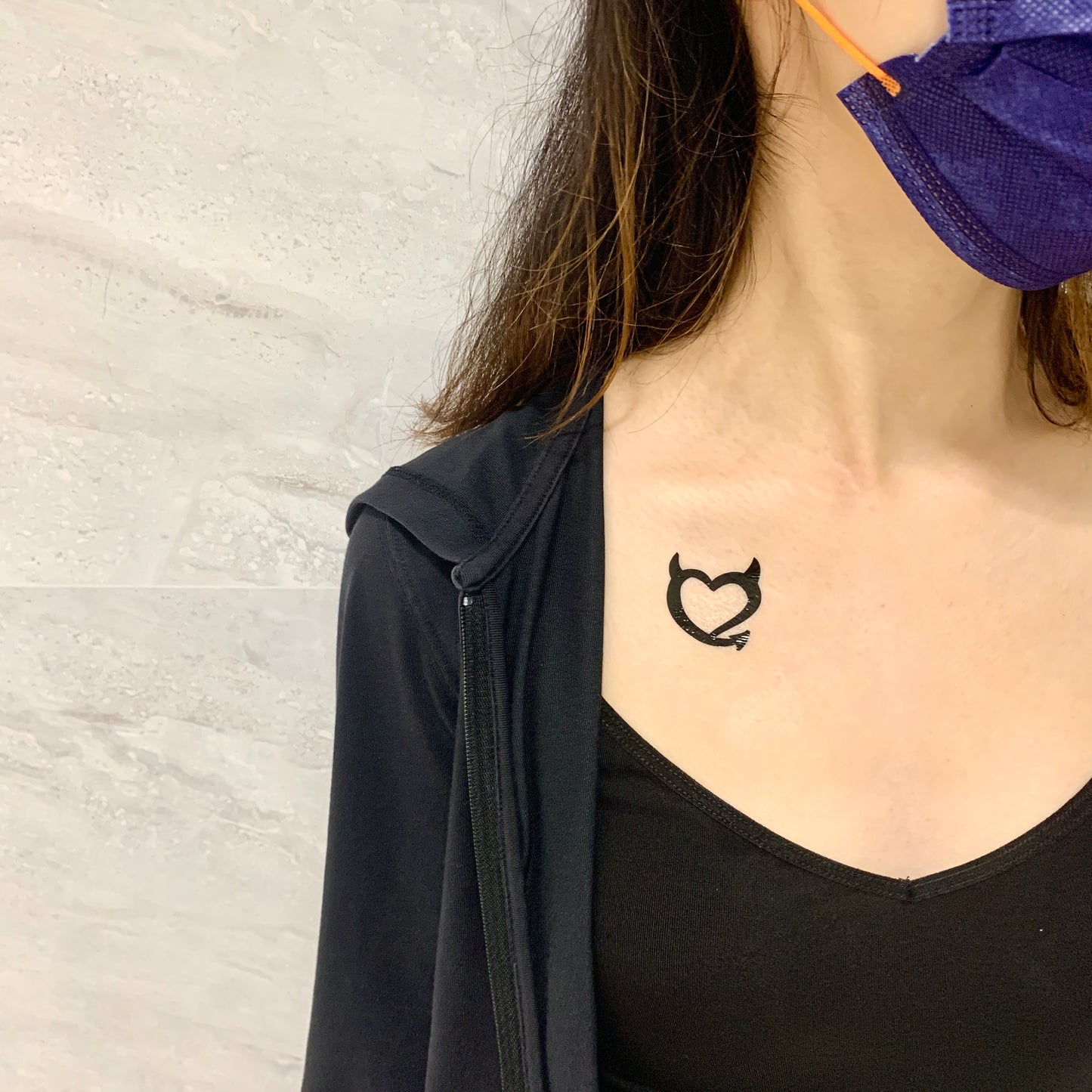 fake small she devil heart horns tail Minimalist temporary tattoo sticker design idea on shoulder chest collarbone