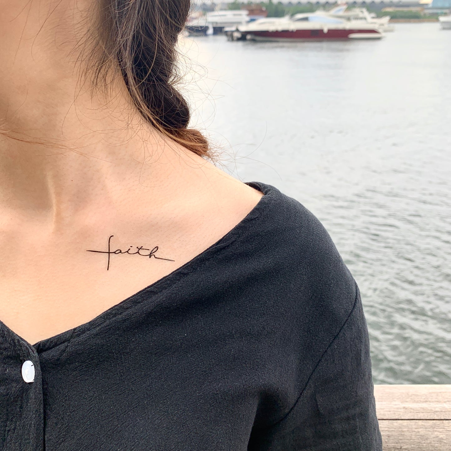 fake small holy faith cross quote religious symbol lettering temporary tattoo sticker design idea on collarbone