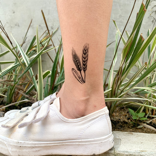 fake small wheat straw nature temporary tattoo sticker design idea on leg ankle 🌾