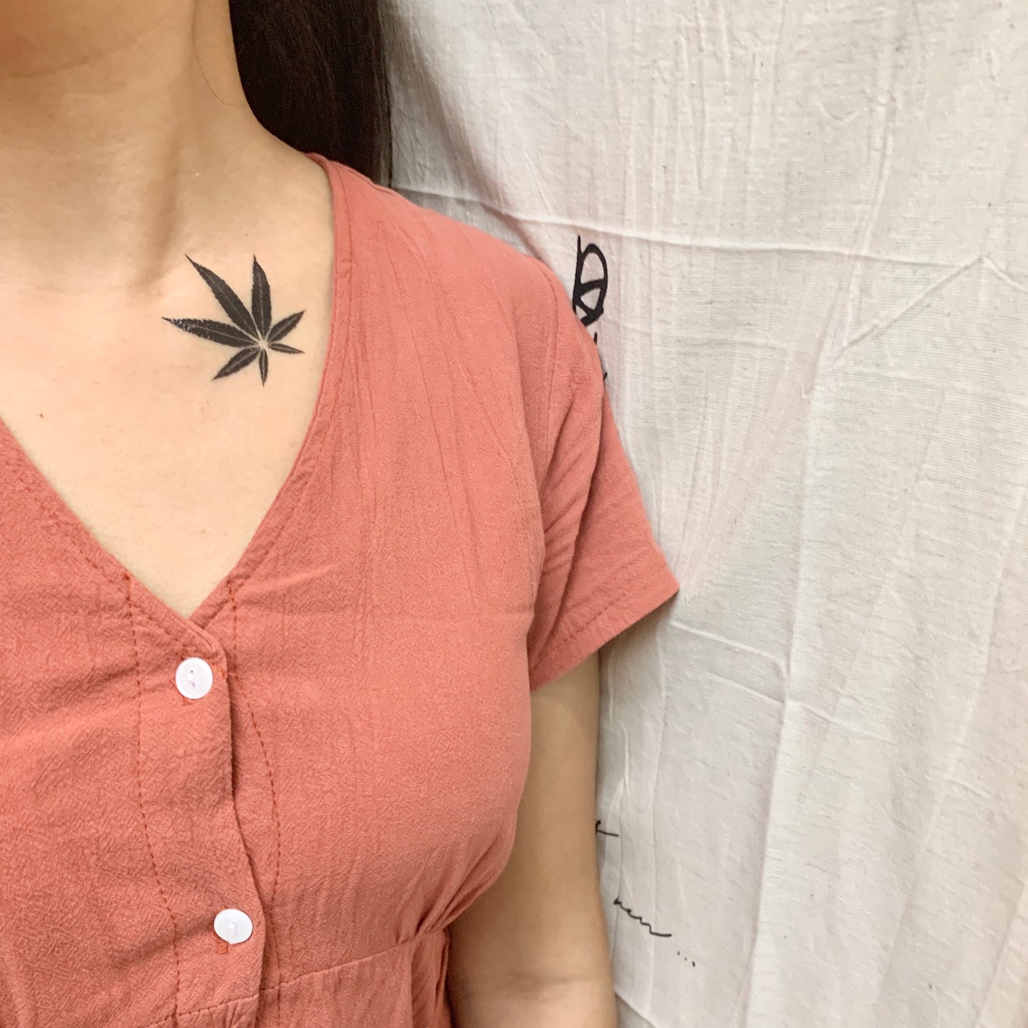 fake small pot leaf cannabis 420 marijuana weed stoner nature temporary tattoo sticker design idea on neck shoulder upper chest