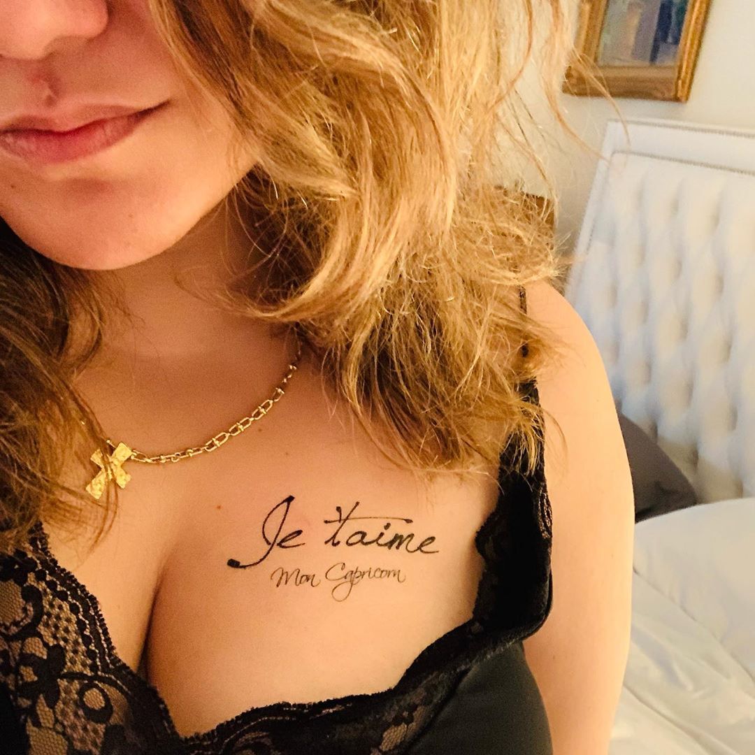 fake medium je t'aime lettering temporary tattoo sticker design idea on chest breast