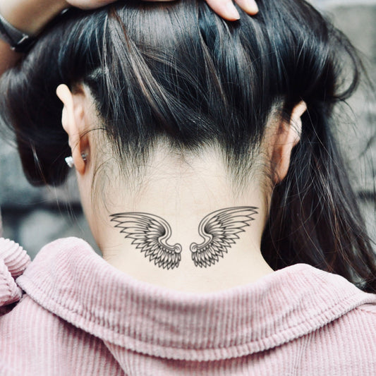 fake medium alas angel wings wingspan illustrative temporary tattoo sticker design idea on neck