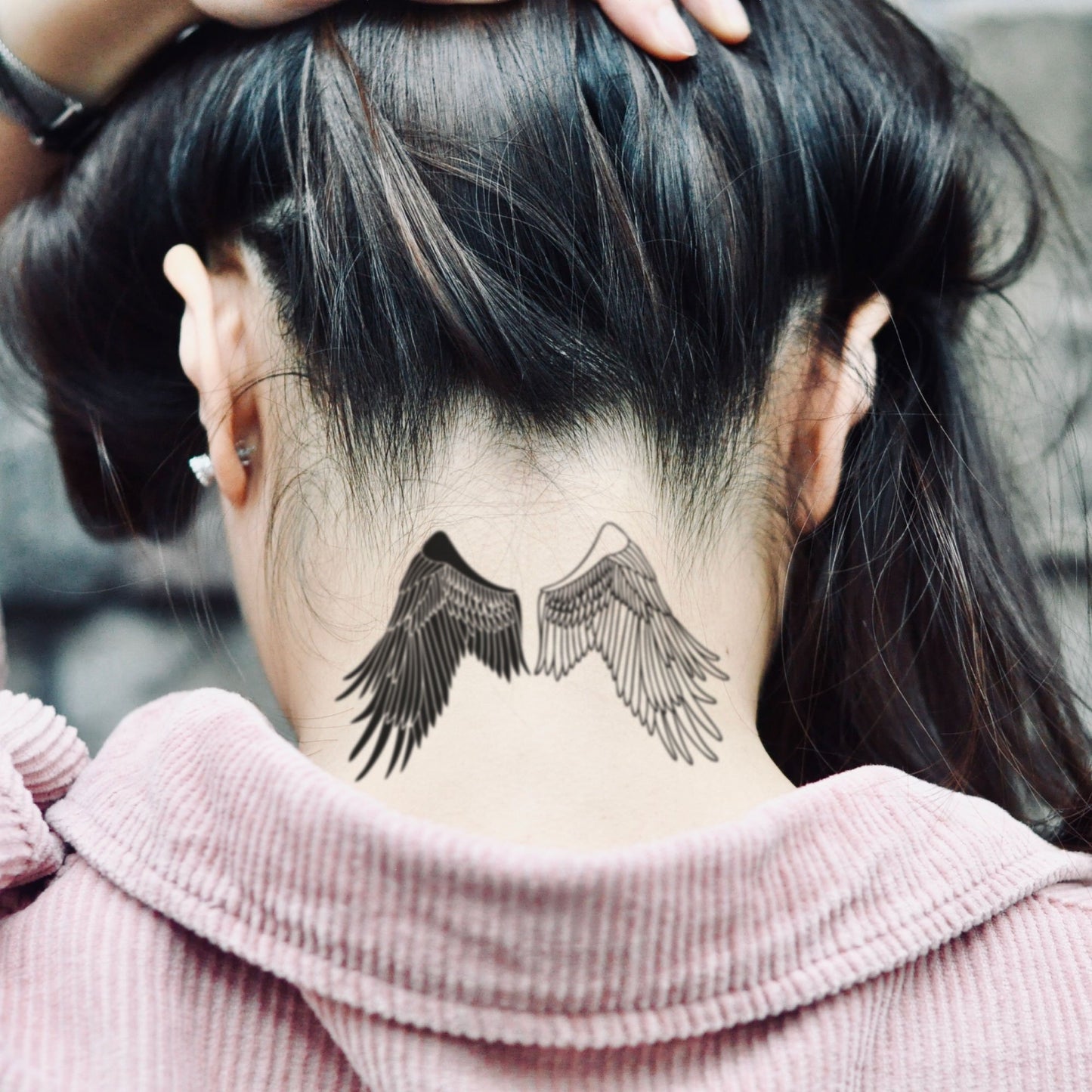 fake medium angel and demon light and dark devil wings wingspan good vs evil illustrative temporary tattoo sticker design idea on neck