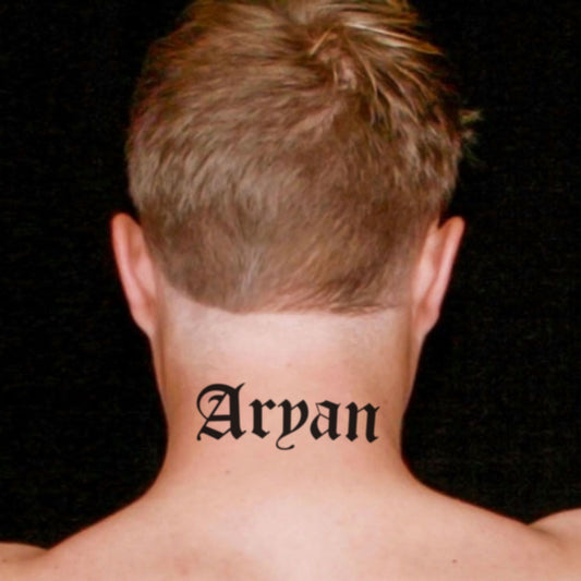 fake medium aryan lettering temporary tattoo sticker design idea on neck