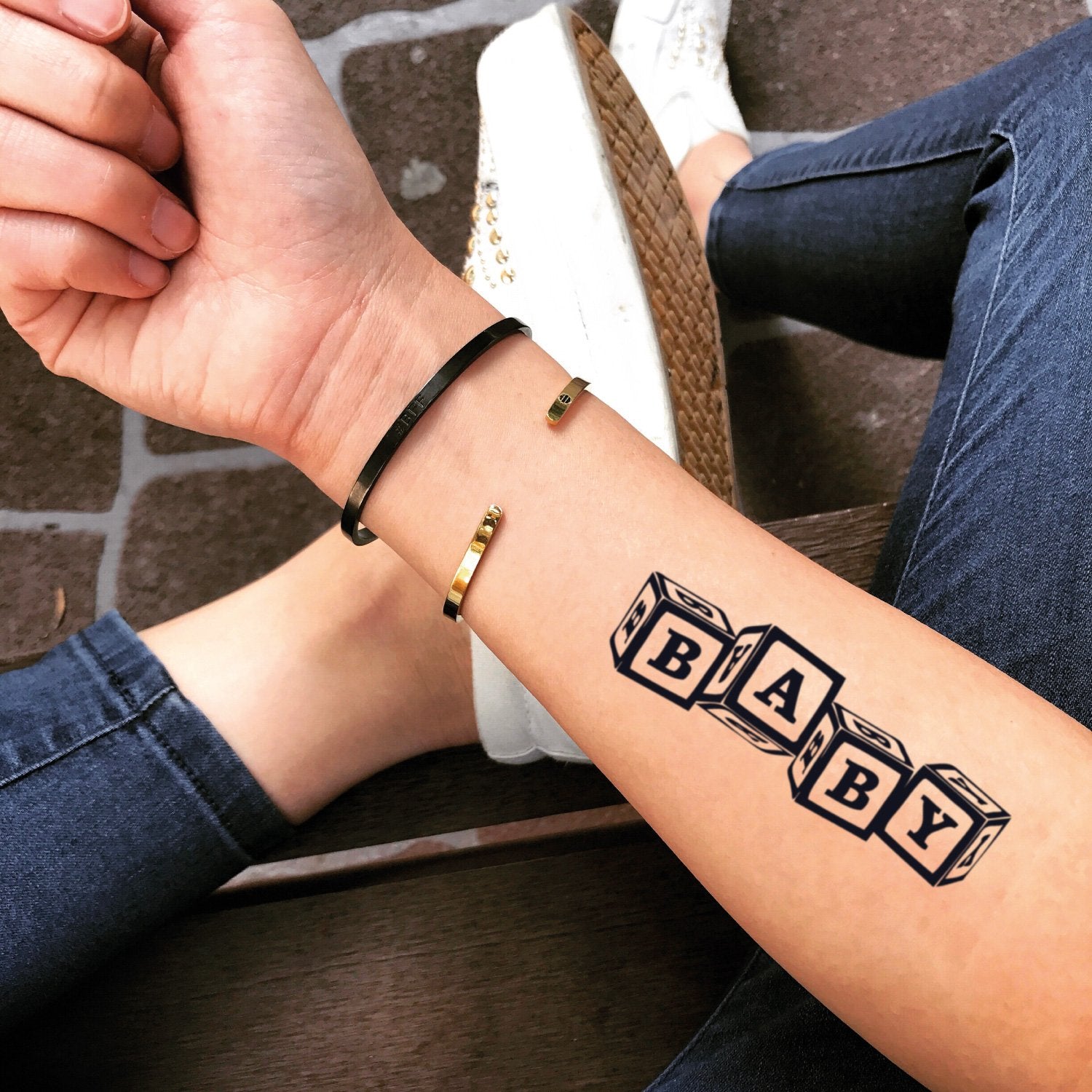fake medium baby building blocks lettering temporary tattoo sticker design idea on forearm