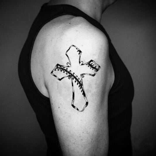 fake medium baseball cross illustrative temporary tattoo sticker design idea on upper arm
