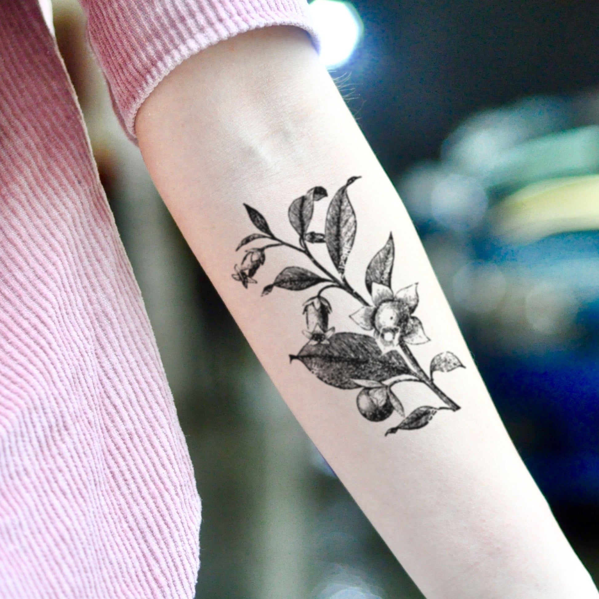 fake medium belladonna deadly nightshade flower temporary tattoo sticker design idea on inner arm