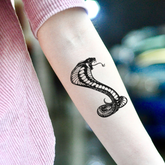 fake medium cool black king cobra snake animal temporary tattoo sticker design idea on inner arm