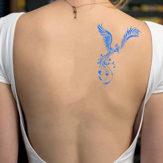fake medium blue fire phoenix bird animal color temporary tattoo sticker design idea on back