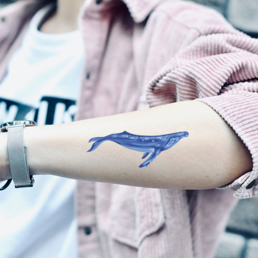 fake medium blue whale animal temporary tattoo sticker design idea on forearm