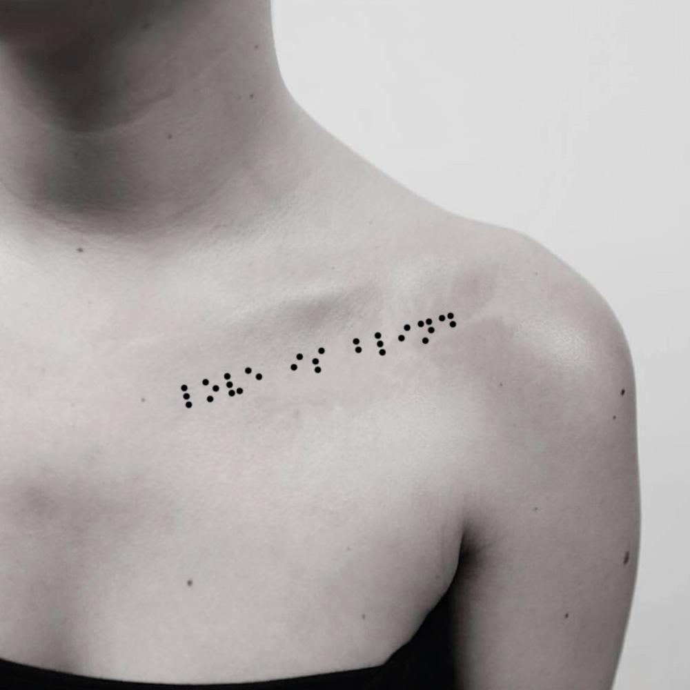 fake medium braille love is blind collarbone minimalist temporary tattoo sticker design idea on shoulder