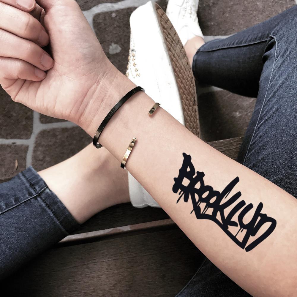 fake medium brooklyn lettering temporary tattoo sticker design idea on forearm