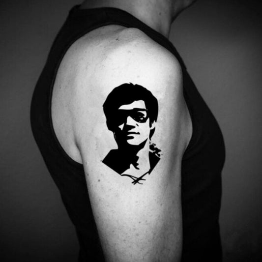 fake medium bruce lee portrait temporary tattoo sticker design idea on upper arm