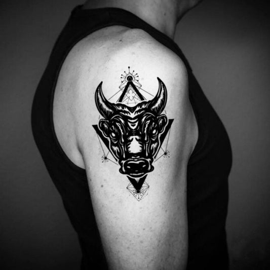 fake medium raging taurus bull water buffalo ox head minotaur bison spain animal temporary tattoo sticker design idea on upper arm