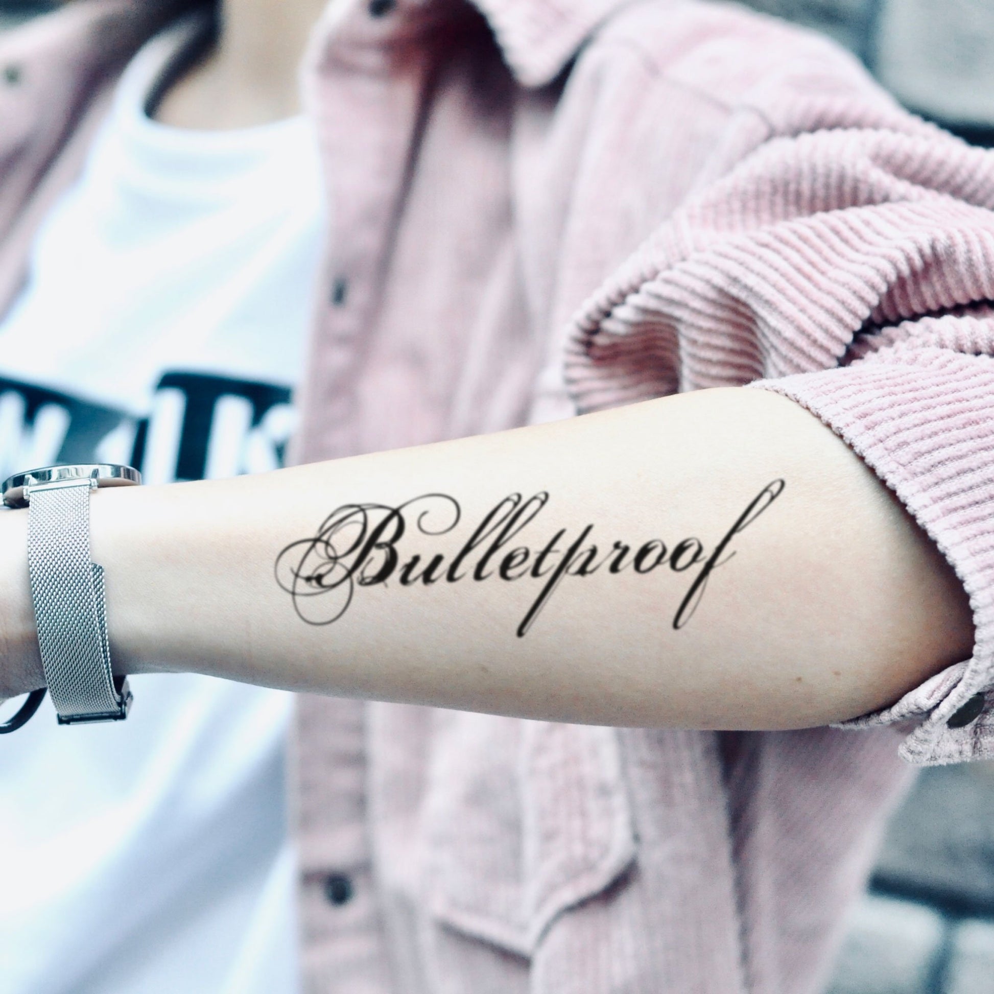 fake medium bulletproof lettering temporary tattoo sticker design idea on forearm