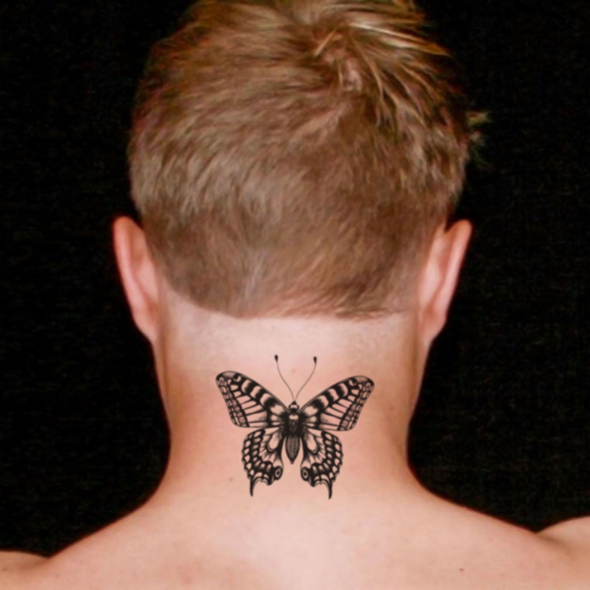 fake medium butterfly men animal temporary tattoo sticker design idea on neck
