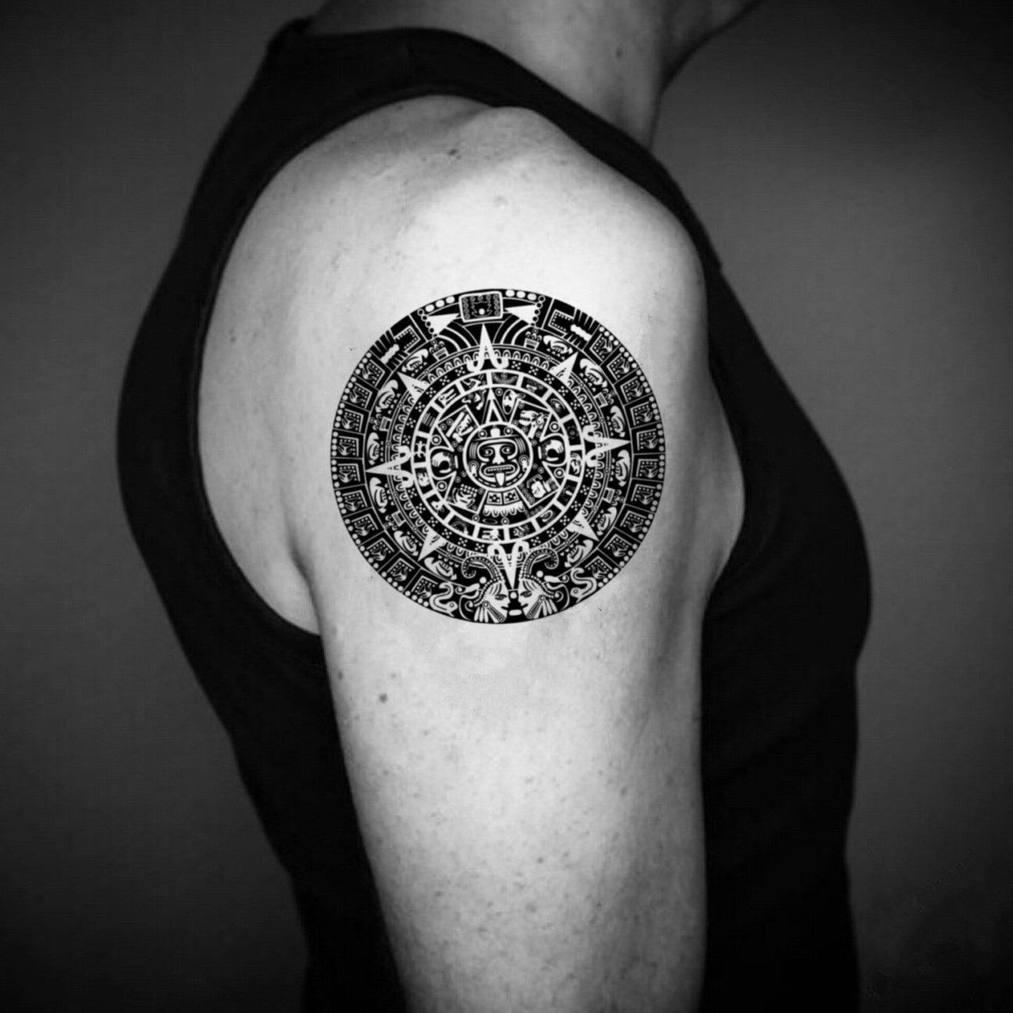 fake medium aztec mayan calendar inca tribal bicep temporary tattoo sticker design idea on upper arm