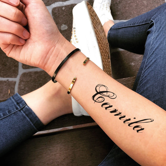 fake medium camila name lettering temporary tattoo sticker design idea on forearm