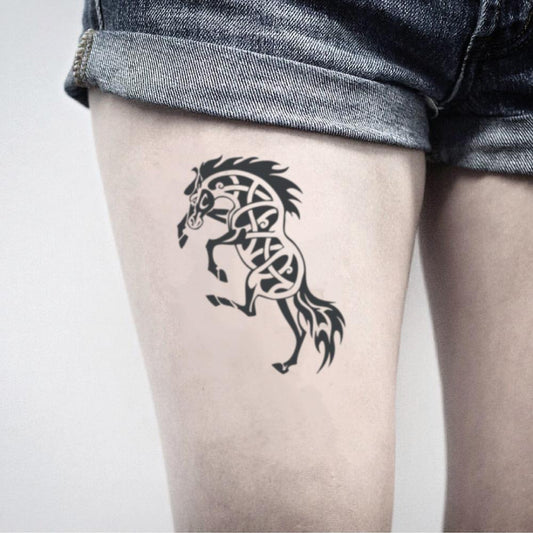 fake medium stallion celtic war wild horse animal temporary tattoo sticker design idea on thigh