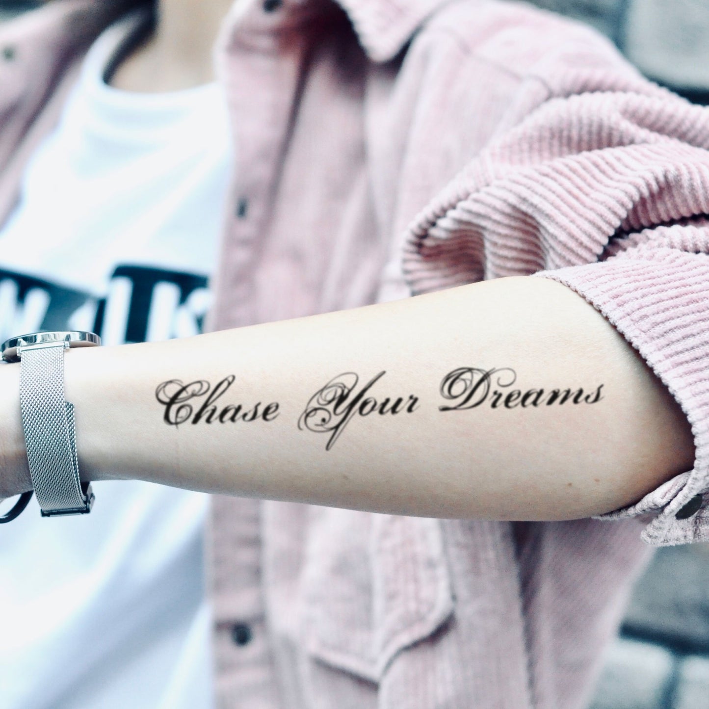 fake medium chase your dreams lettering temporary tattoo sticker design idea on forearm