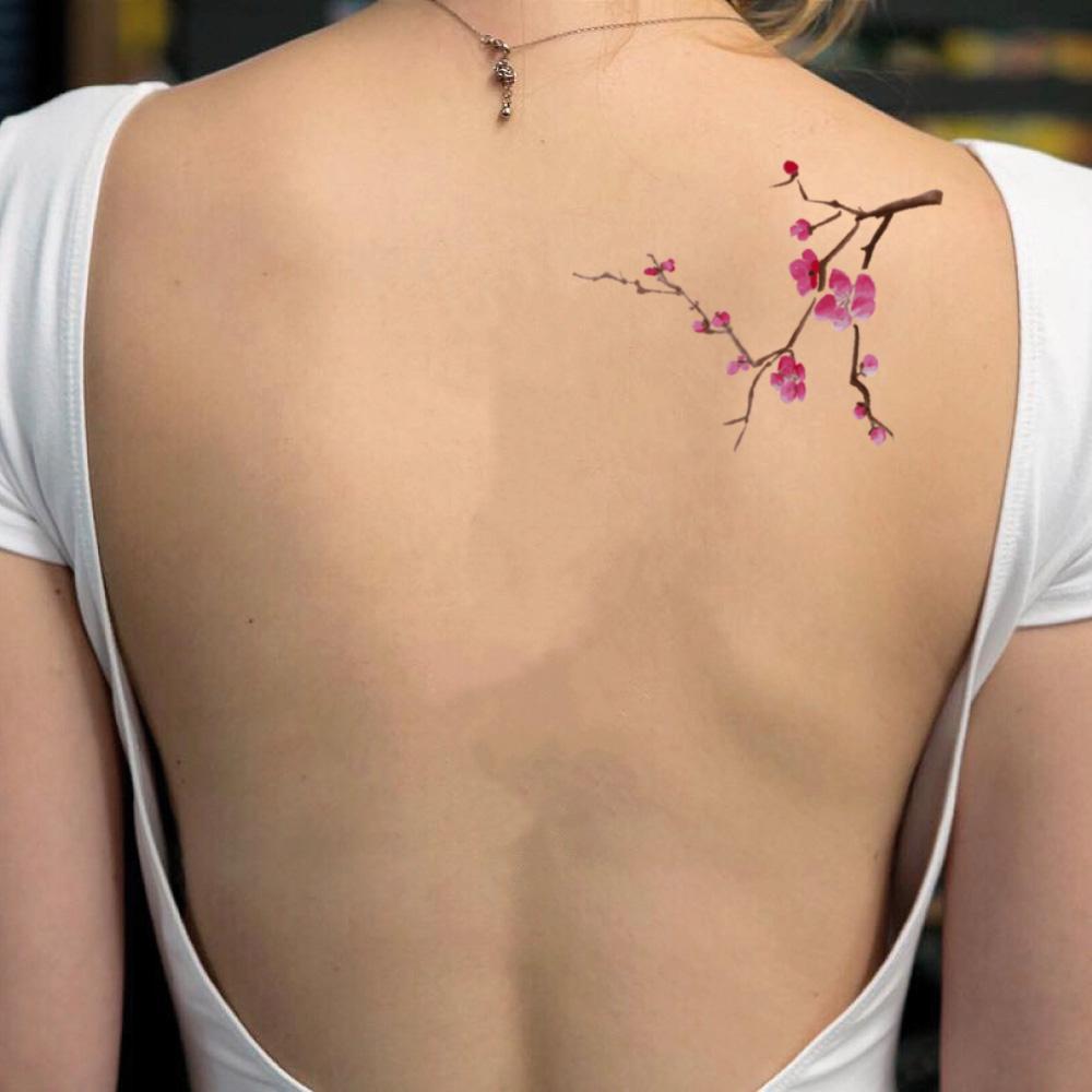 fake medium watercolor cherry apple peach plum japanese blossom sakura tree shoulder color flower temporary tattoo sticker design idea on back