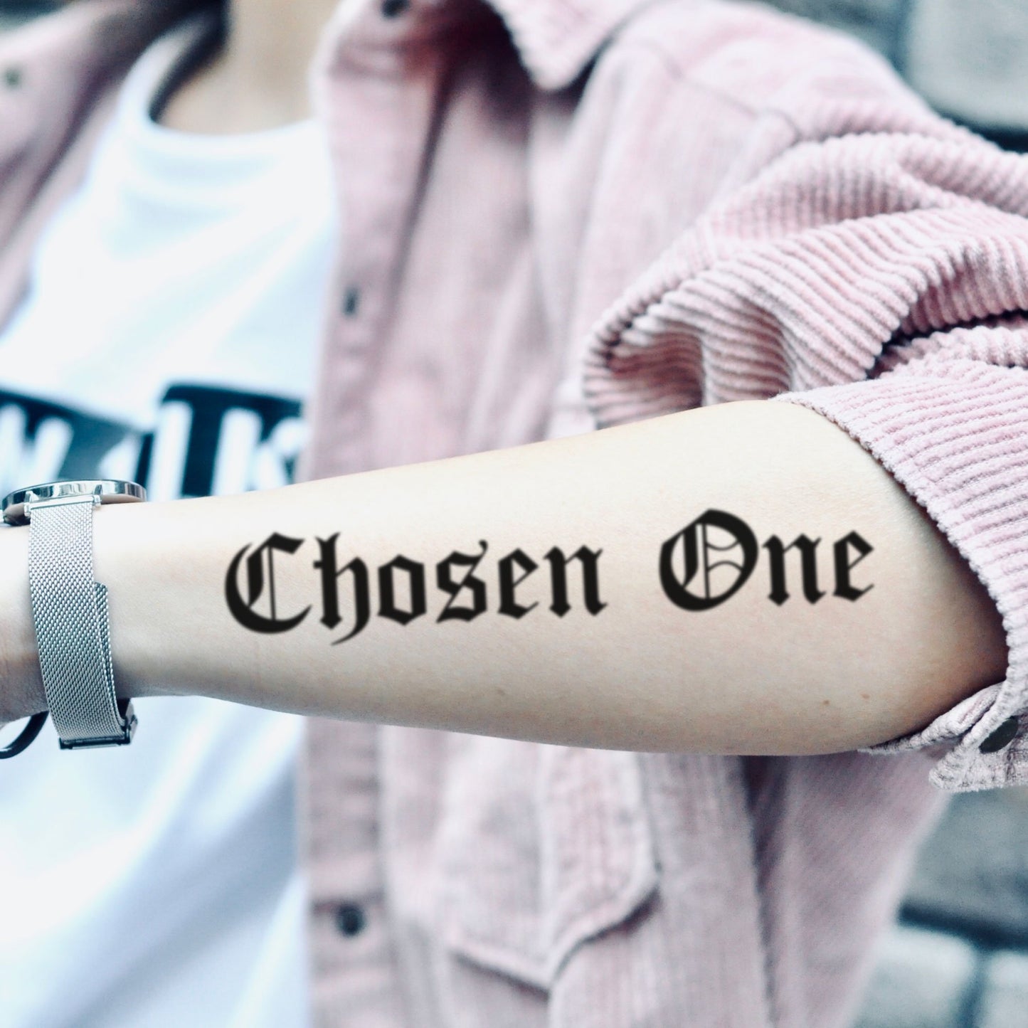 fake medium chosen one lettering temporary tattoo sticker design idea on forearm