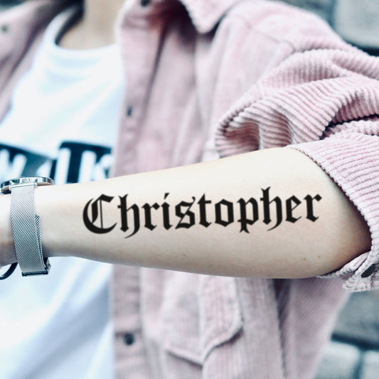 fake medium christopher name lettering temporary tattoo sticker design idea on forearm