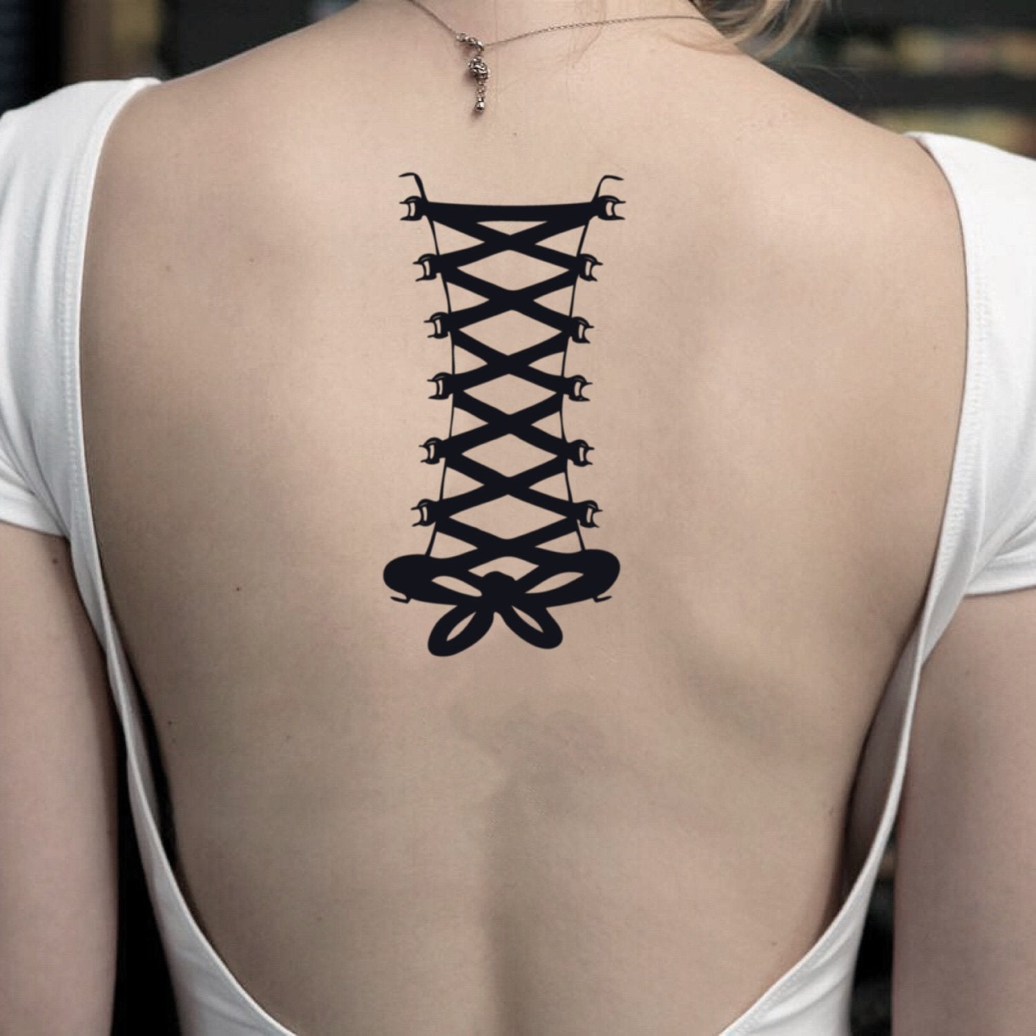 fake medium corset illustrative temporary tattoo sticker design idea on spine
