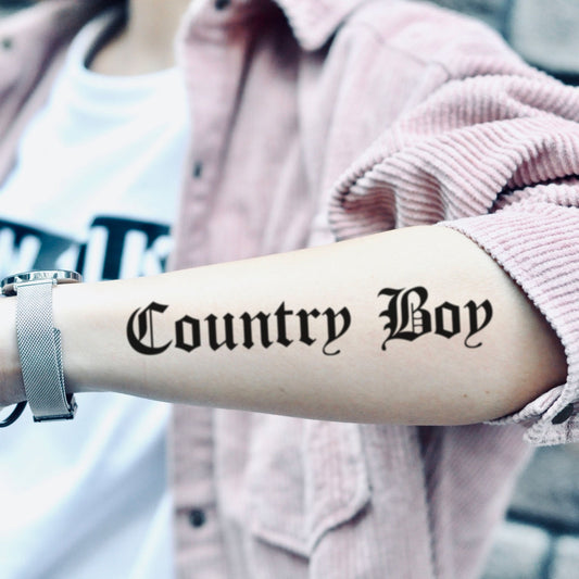 fake medium country boy redneck old english Lettering temporary tattoo sticker design idea on forearm