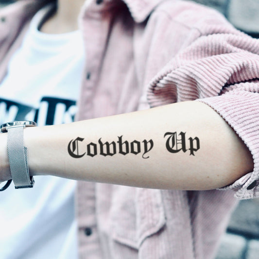 fake medium cowboy up Lettering temporary tattoo sticker design idea on forearm