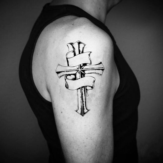 fake medium cross with ribbon illustrative temporary tattoo sticker design idea on upper arm