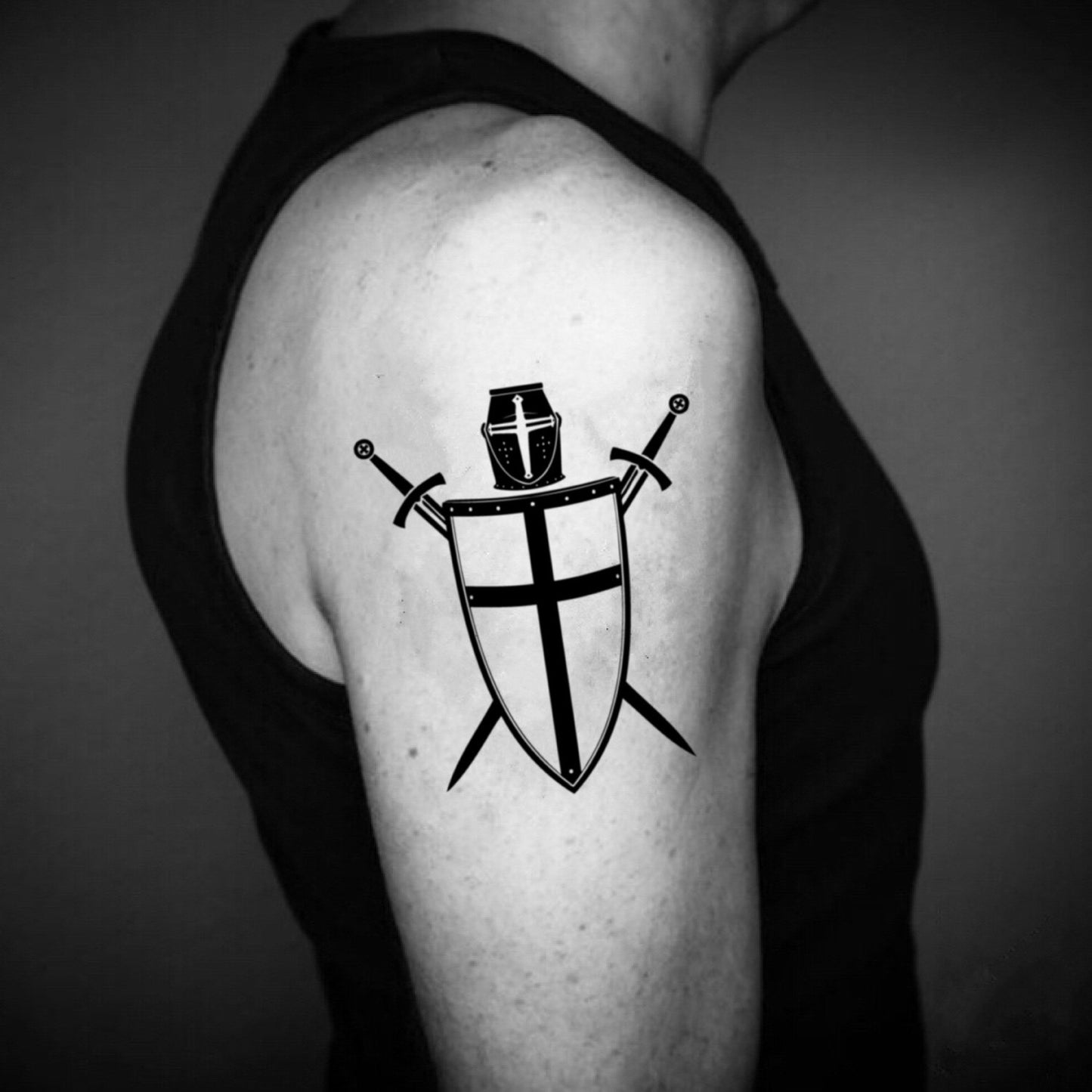 fake medium crusader cross christian knights templar warrior illustrative temporary tattoo sticker design idea on upper arm