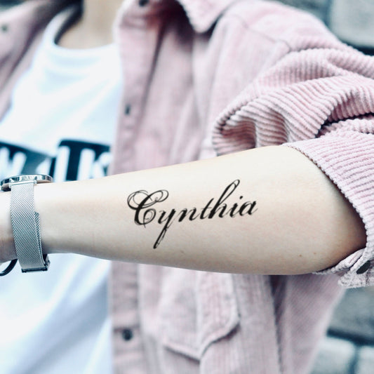 fake medium cynthia name Lettering temporary tattoo sticker design idea on forearm