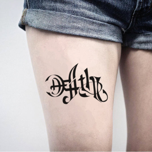 fake medium death and life ambigram symbol Lettering temporary tattoo sticker design idea on thigh