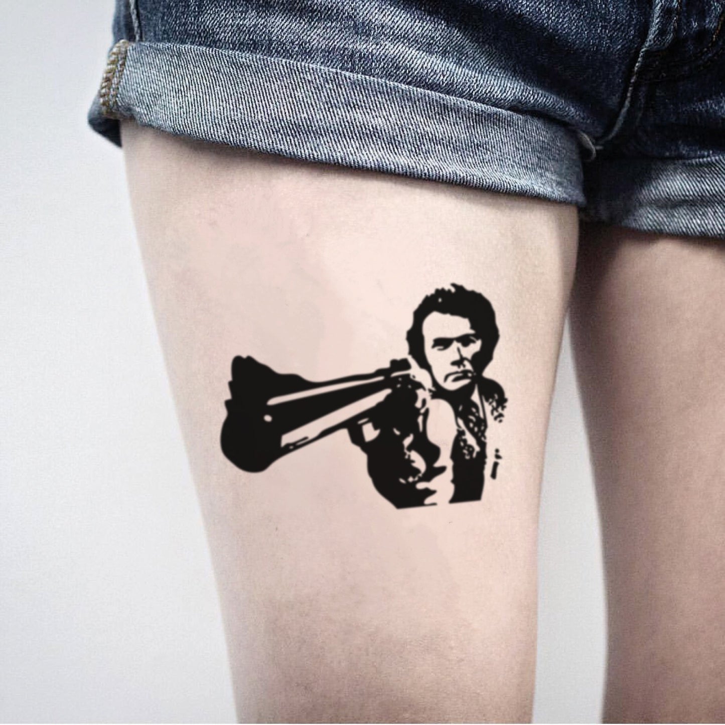 fake medium dirty harry Portrait temporary tattoo sticker design idea on thigh
