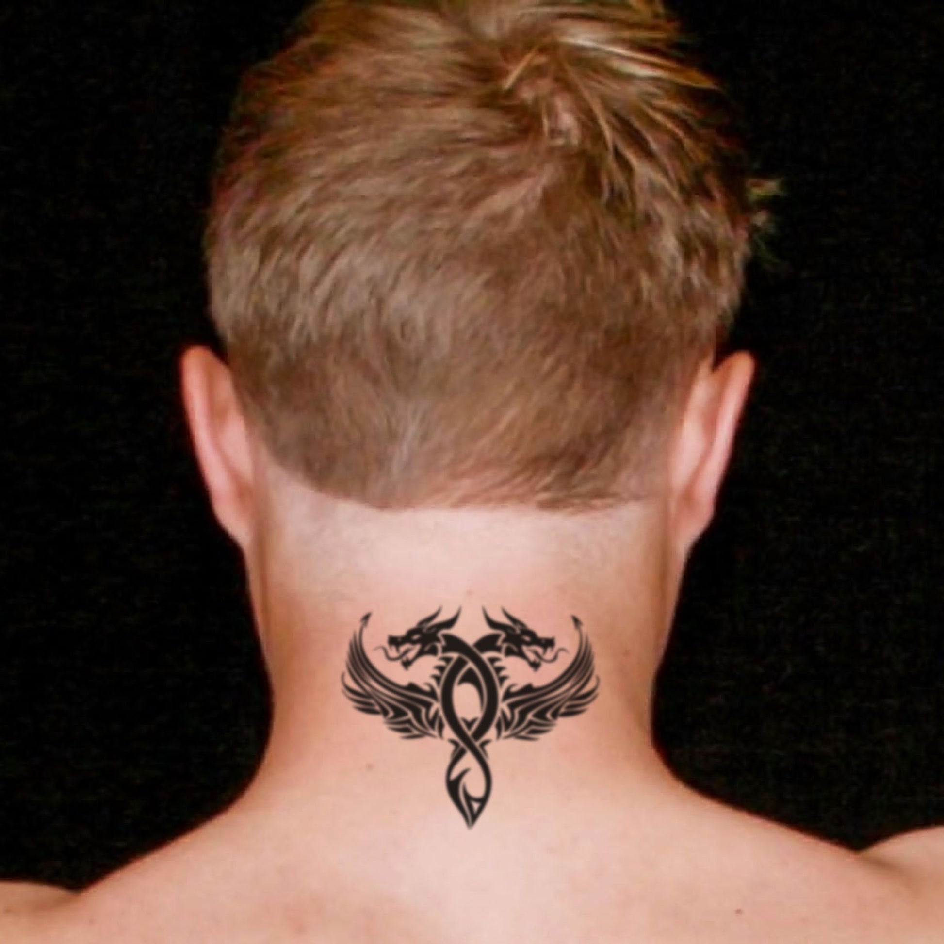 fake medium double european dragon Animal temporary tattoo sticker design idea on neck