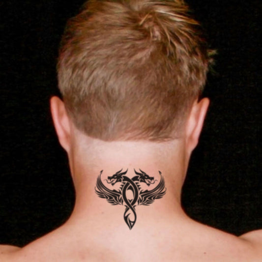 fake medium double european dragon Animal temporary tattoo sticker design idea on neck
