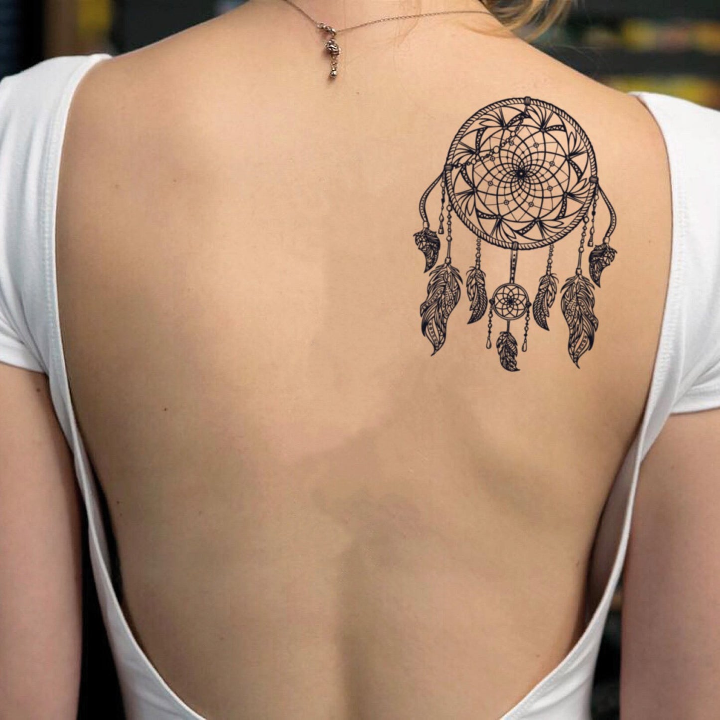 fake medium dream catcher on shoulder bohemian temporary tattoo sticker design idea on back