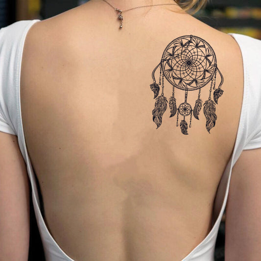 fake medium dream catcher on shoulder bohemian temporary tattoo sticker design idea on back