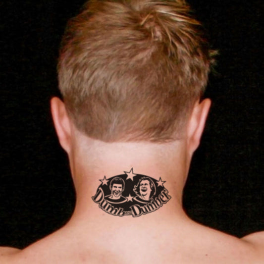 fake medium dumb and dumber Illustrative temporary tattoo sticker design idea on neck